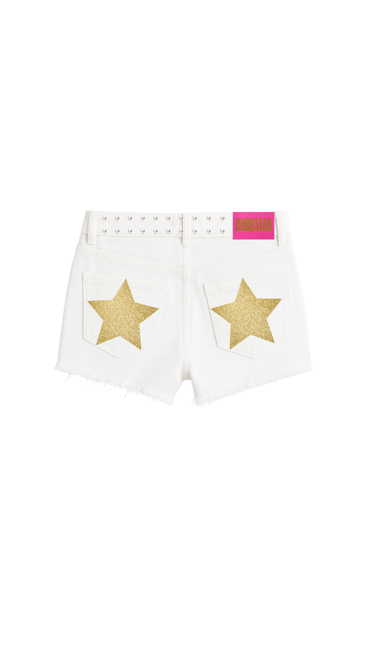 SHORT BLANCO MID RISE DORADO FUCSIA